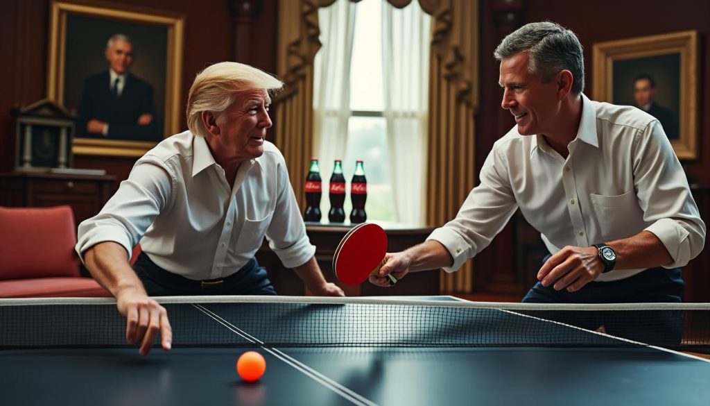 découvrez les moments forts et surprenants entre présidents américains : ping-pong, coca et poignets retroussés capturés en images, illustrant la camaraderie et les instants informels de la vie présidentielle.