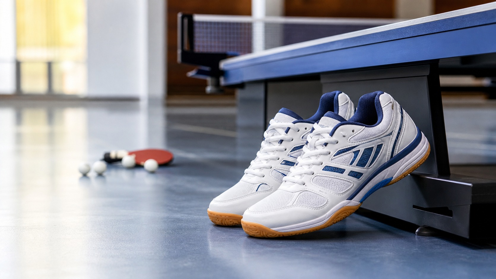 Paire de chaussures de tennis de table blanches et bleues à semelle gomme, posée près d’une table bleue dans une salle d’entraînement.