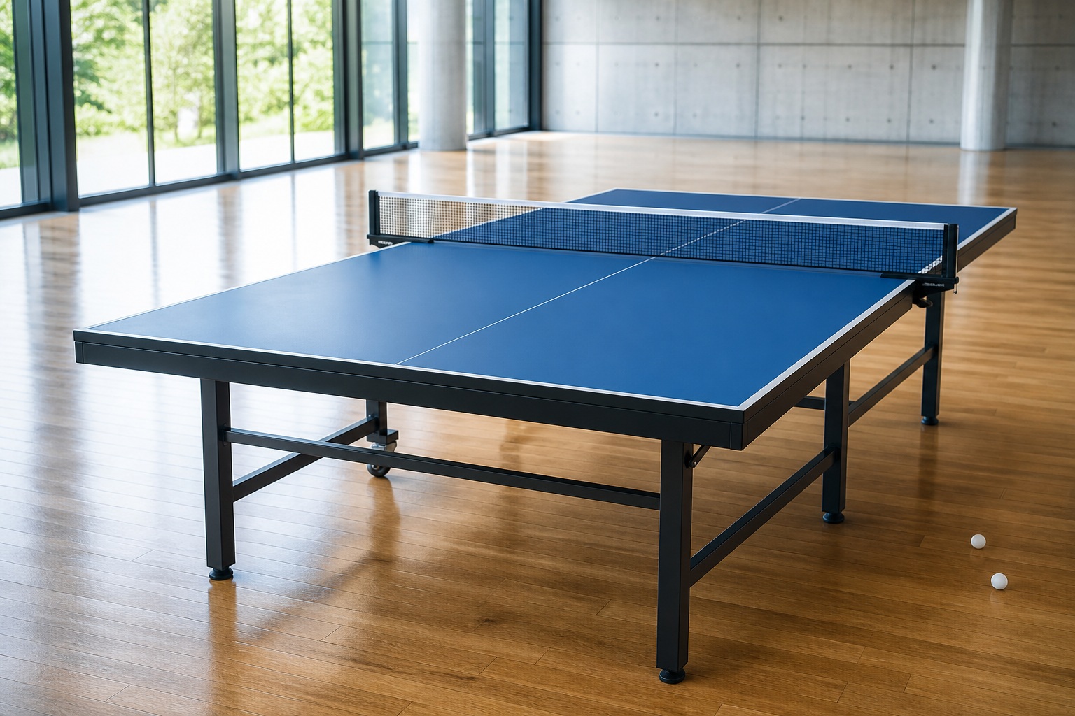 Table de tennis de table bleue aux dimensions réglementaires dans une salle de sport lumineuse