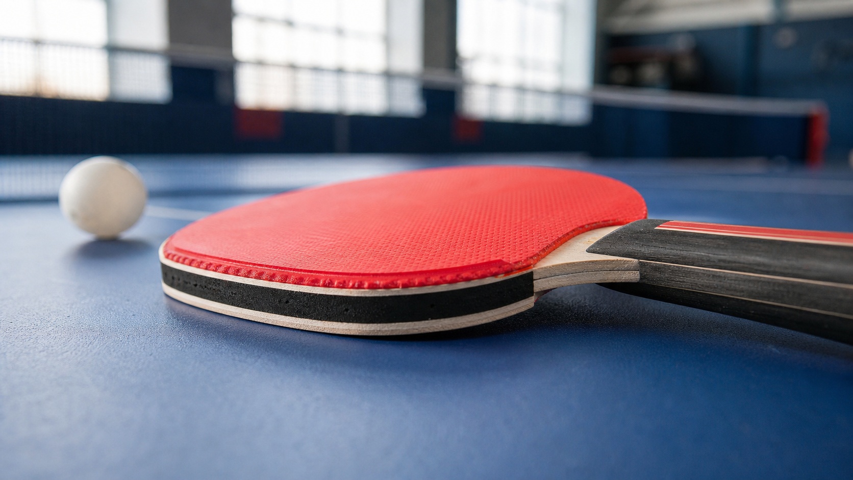 Gros plan photoréaliste d’une raquette de ping-pong rouge et noire posée sur une table bleue, avec l’épaisseur des couches de mousse visible sur la tranche.