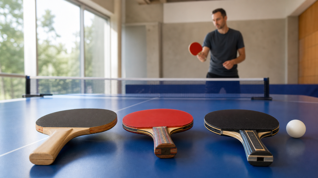 Trois raquettes de tennis de table adaptées à différents niveaux sur une table de ping-pong.