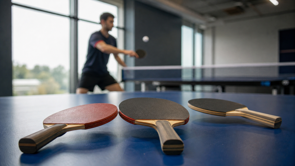 Trois raquettes de tennis de table illustrant les styles allround, offensif et défensif sur une table bleue, avec un joueur en arrière-plan dans une salle de club