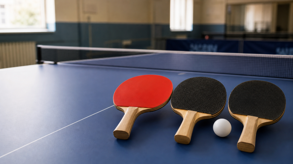 Trois raquettes de tennis de table sur une table bleue, montrant un revêtement backside lisse, un soft à picots courts et un picot long, avec une balle blanche.