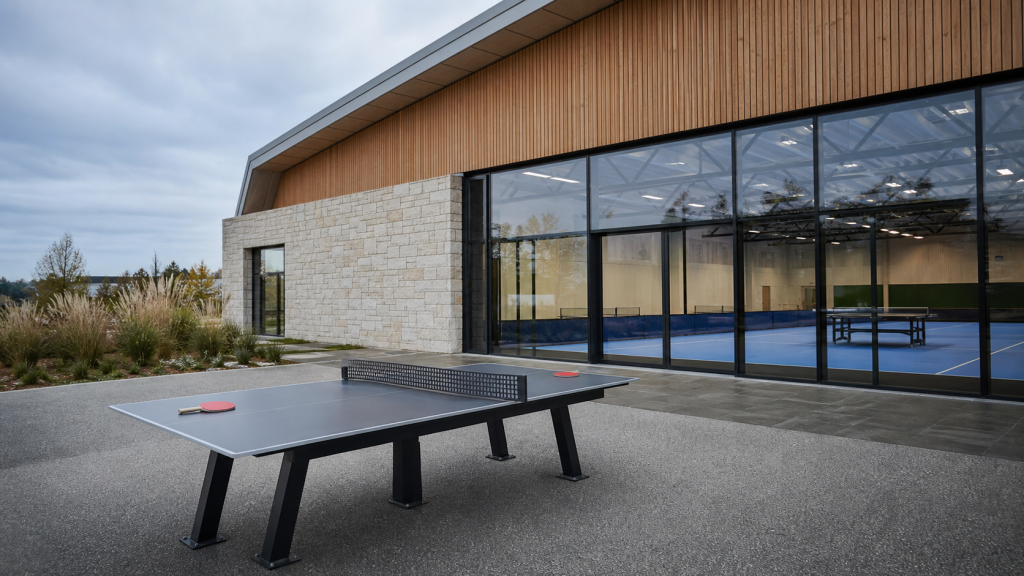 Salle sportive moderne à Lesneven avec table de tennis de table au premier plan, illustrant l’hommage aux frères Lebrun
