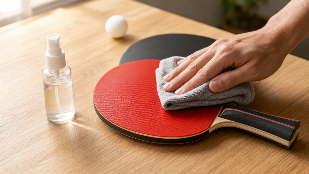 Gros plan photoréaliste d’une raquette de tennis de table nettoyée avec un chiffon microfibre, posée sur une table en bois avec une balle et un spray d’entretien.