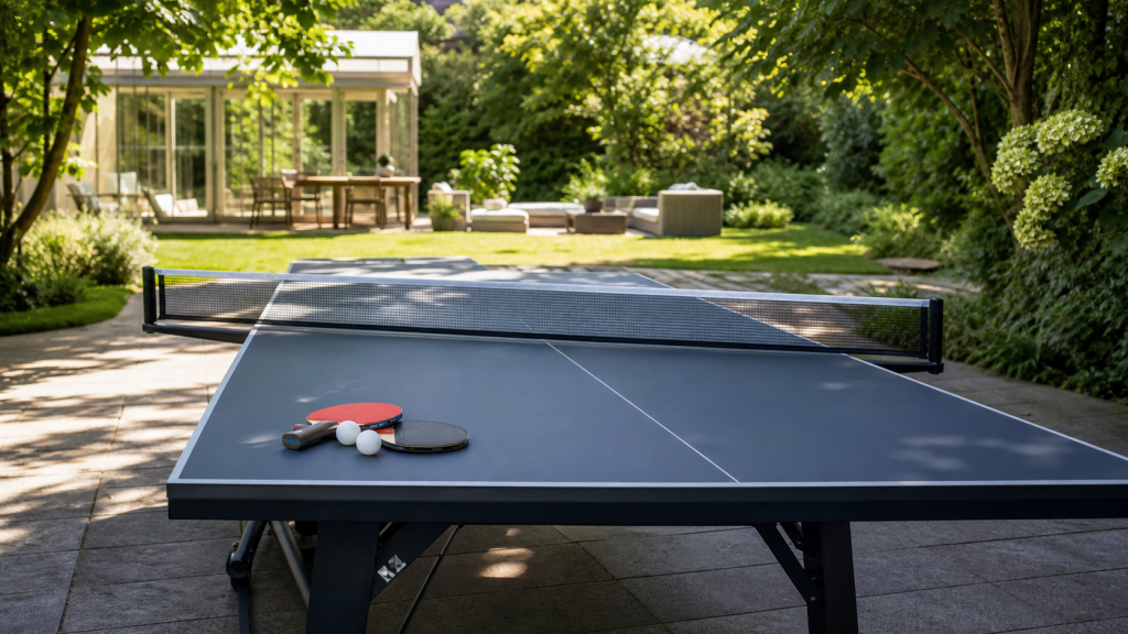 Table de ping-pong installée dans un jardin