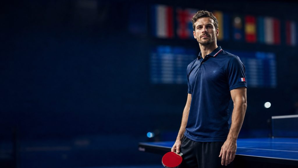 Joueur français de tennis de table dans une salle de compétition moderne, illustrant un parcours international.