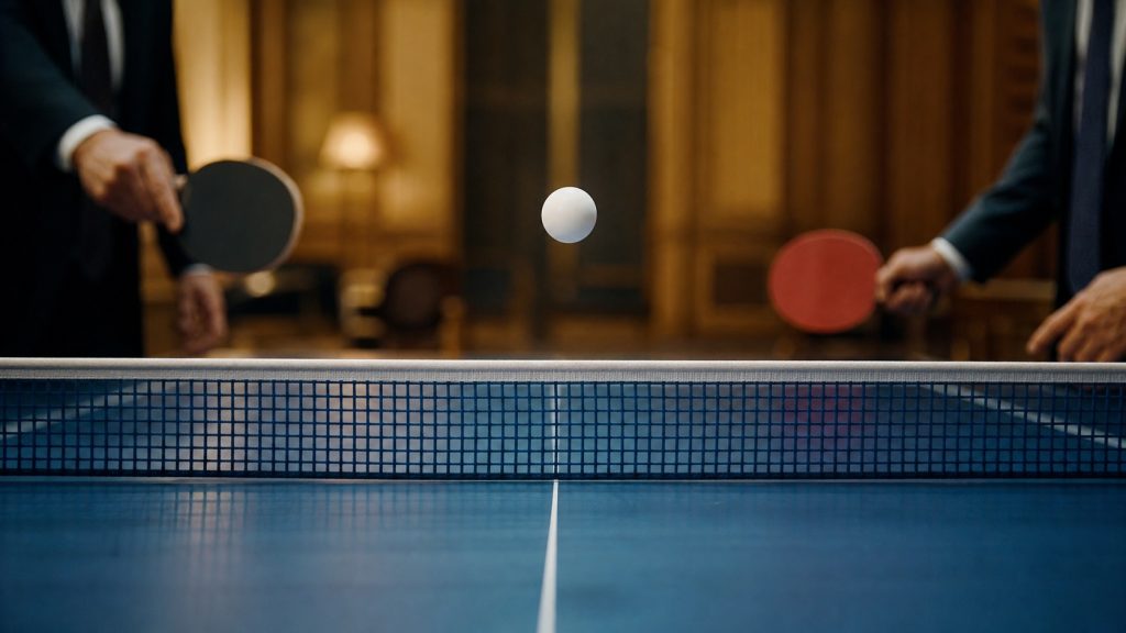 Balle de ping-pong au-dessus d’un filet dans un salon diplomatique, avec deux interlocuteurs en costume flous en arrière-plan