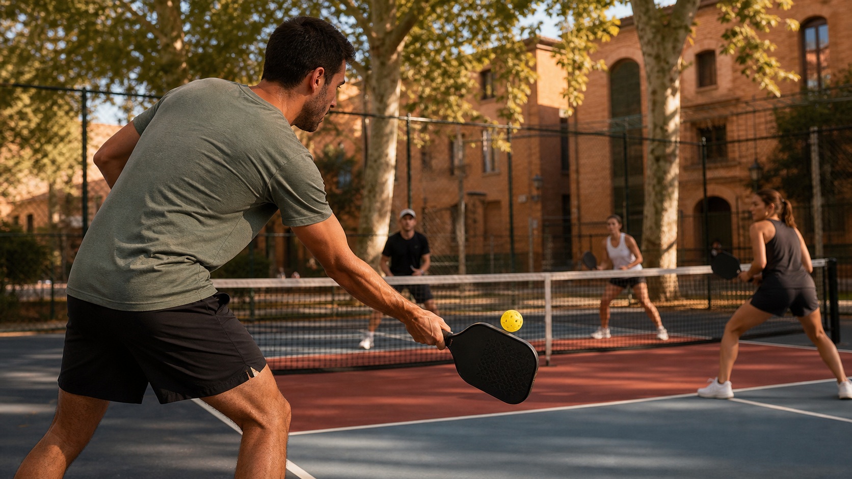 Joueurs disputant un match de pickleball sur un court extérieur à Toulouse, devant une architecture en brique et des platanes.