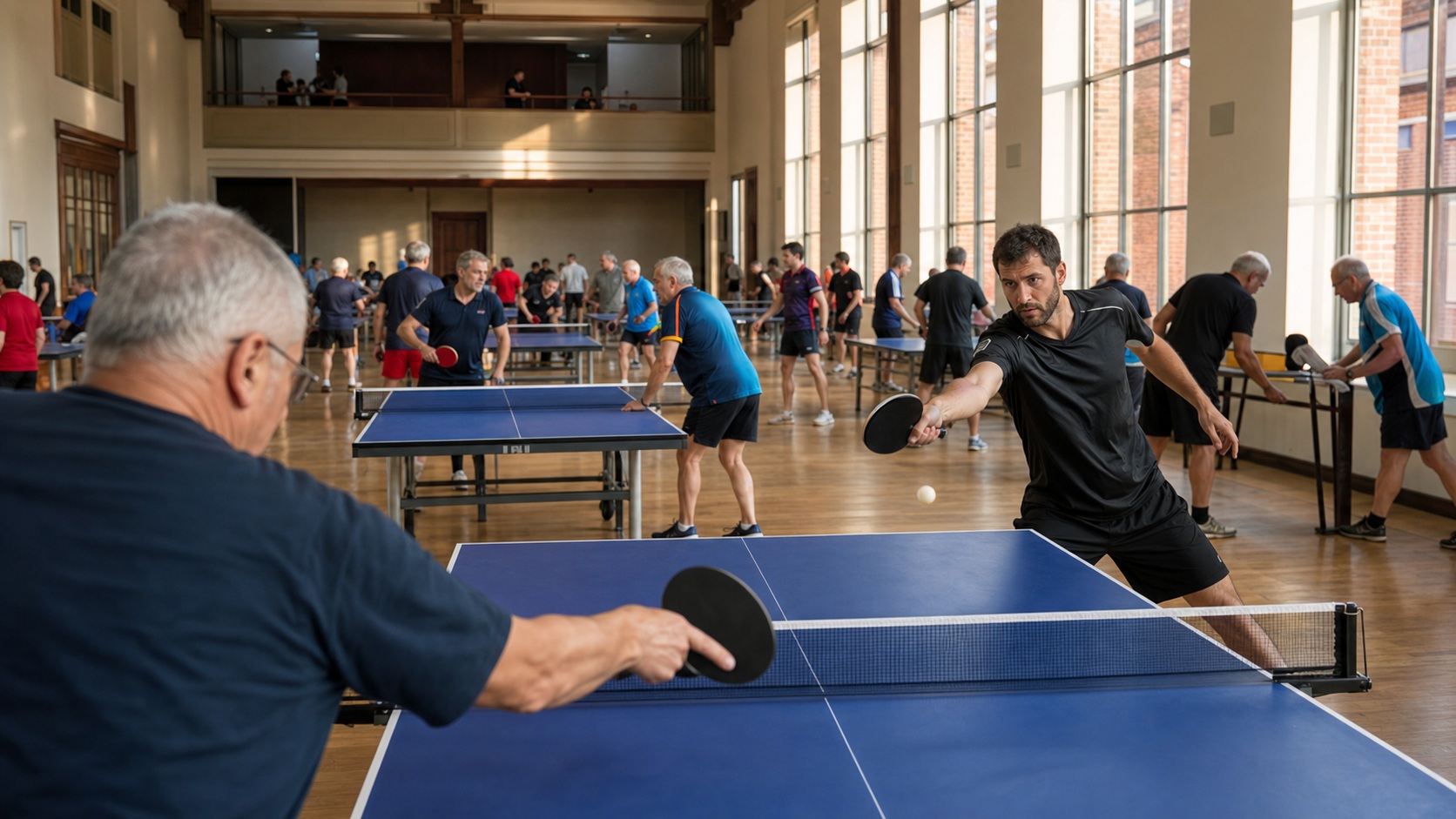 Joueurs de tous âges pratiquant le tennis de table dans une salle associative lumineuse à Albi.