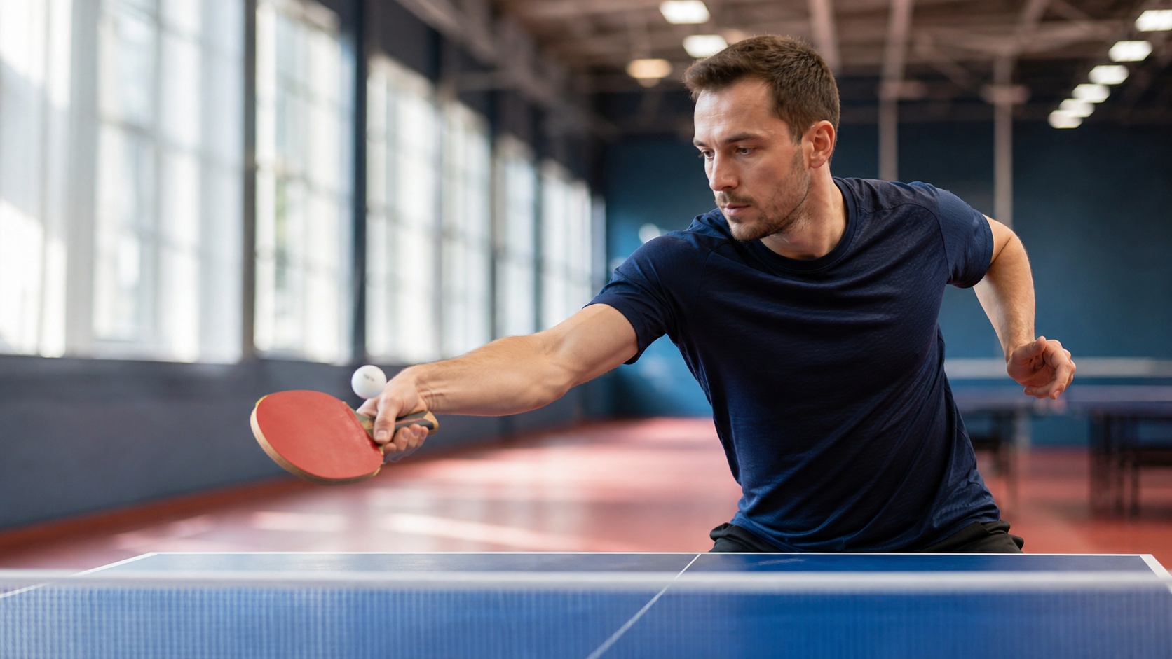 Joueur de tennis de table exécutant un topspin coup droit dans une salle moderne, raquette orientée vers le haut et balle blanche en mouvement au-dessus de la table.