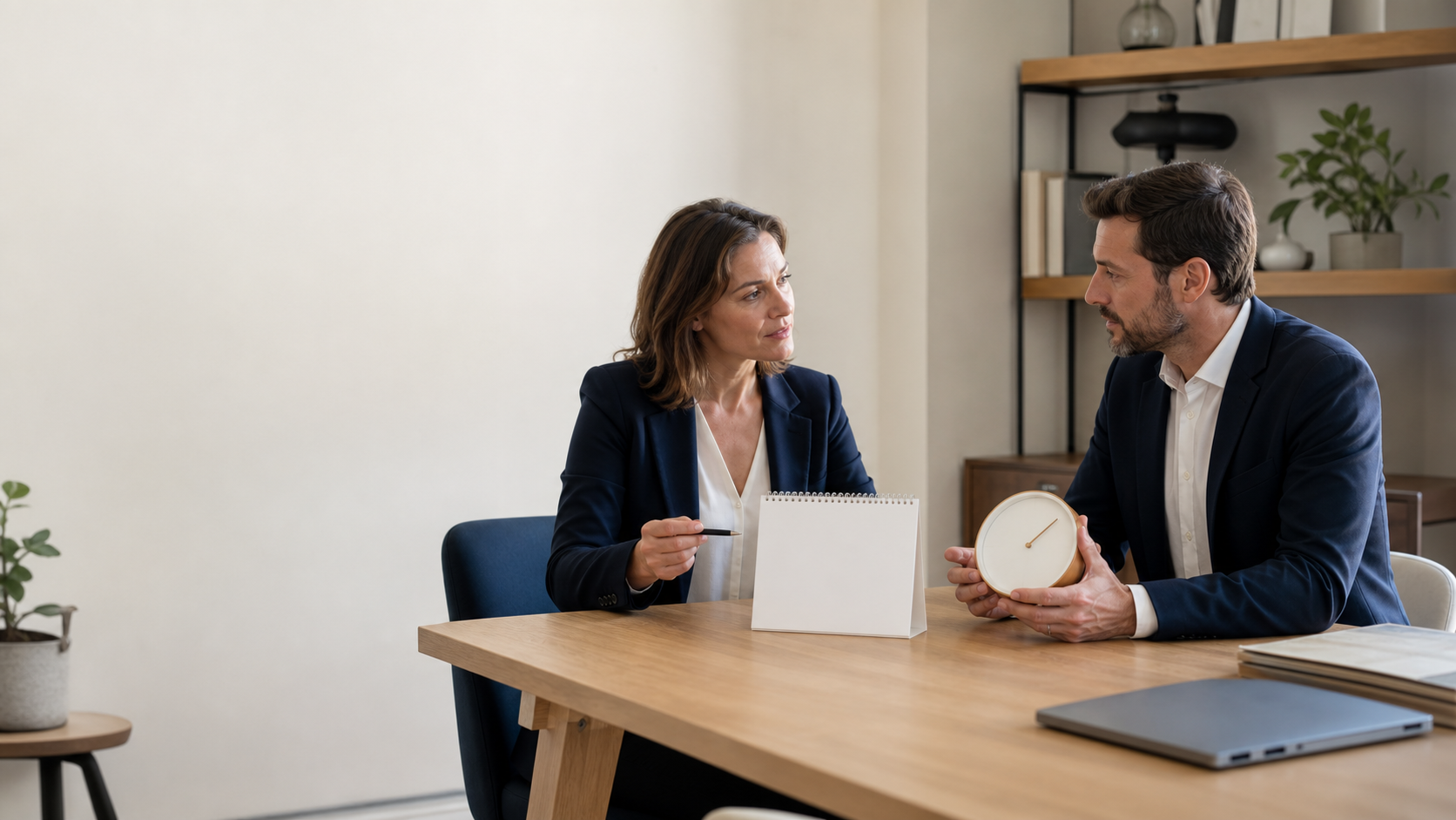 Deux professionnels discutent d’une remise de service autour d’un calendrier vierge et d’une horloge dans un bureau moderne.